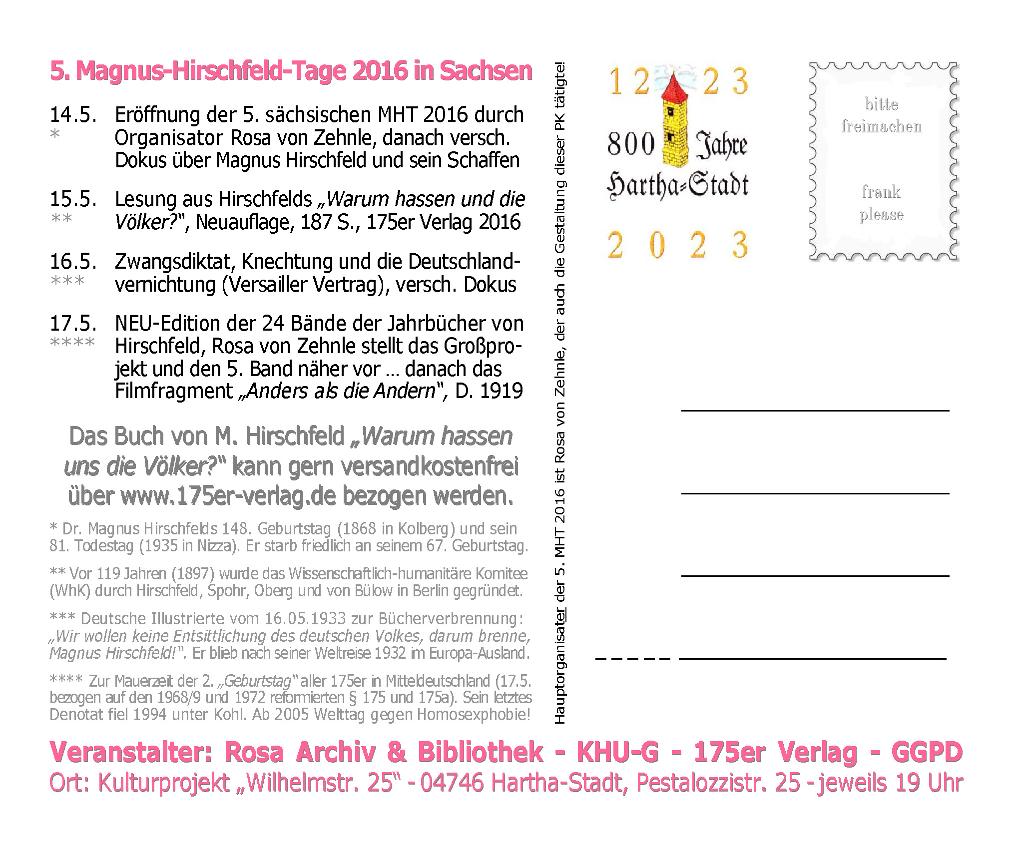 Postkarte Rückseite zu de 5. Magnus-Hirschfeld-Tagen 2016 in Sachsen ...